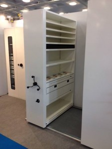 Proform Monotrak mobile shelving with Pull-out cradles and Solander storage boxes.